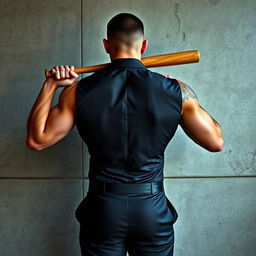 A muscular man's body standing in front of a textured concrete wall, wearing a sleek tailored suit that showcases his athletic build