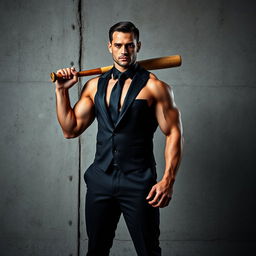 A muscular man's body standing in front of a rugged concrete wall, dressed in a sharp black suit that perfectly accentuates his powerful physique