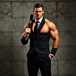 A muscular man's body standing in front of a rugged concrete wall, dressed in a sharp black suit that perfectly accentuates his powerful physique