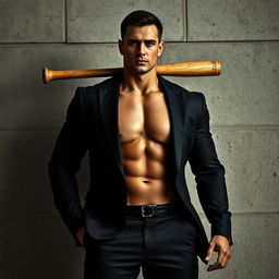 A muscular man's body standing in front of a rugged concrete wall, dressed in a sharp black suit that perfectly accentuates his powerful physique