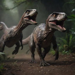 A harrowing chase ensues as the freed Velociraptors pursue the panic-stricken visitors. Their primal roars echo through the darkness, amplifying the terror as the humans scramble to escape their relentless pursuit.