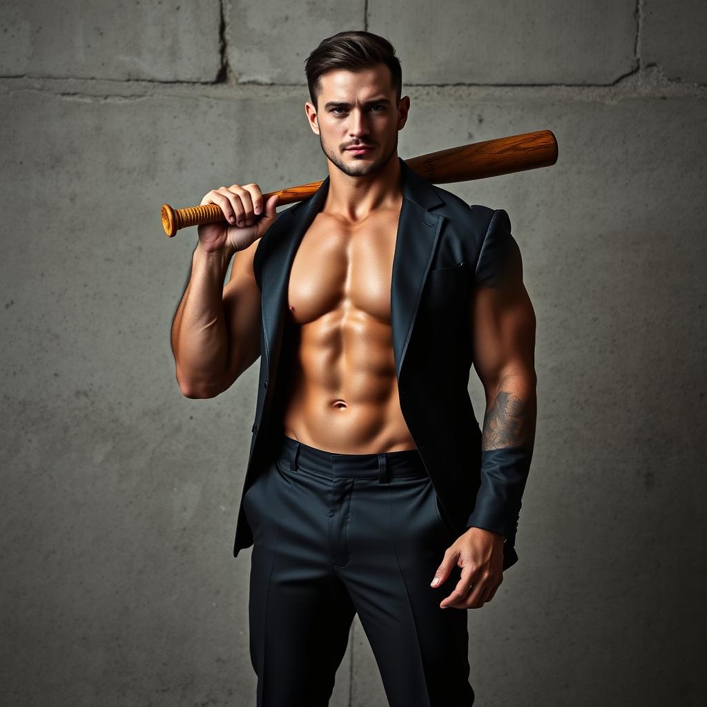 A muscular man's body standing confidently in front of a rugged concrete wall, dressed in a stylish black suit that perfectly highlights his extraordinary physique