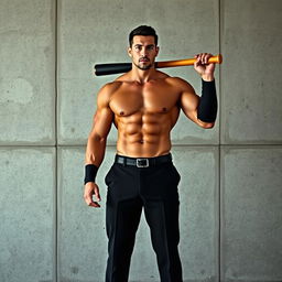 A muscular man's body standing confidently in front of a rugged concrete wall, dressed in a stylish black suit that perfectly highlights his extraordinary physique