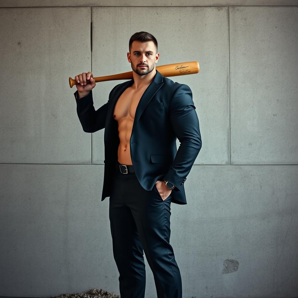 A muscular man's body standing confidently in front of a rugged concrete wall, dressed in a stylish black suit that perfectly highlights his extraordinary physique