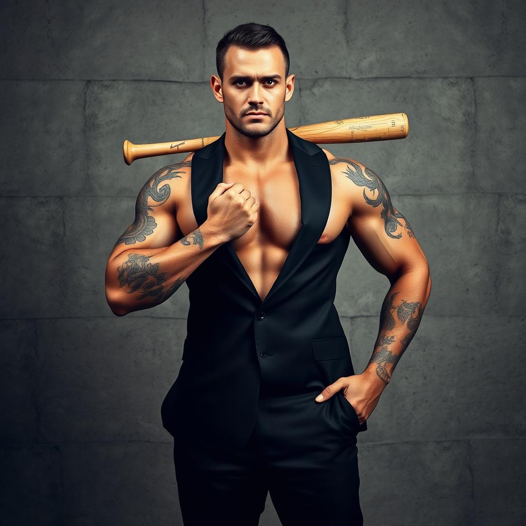 A muscular man's body standing confidently in front of a rugged concrete wall, showcasing intricate tattoos that adorn his arms and shoulders, adding a fierce and artistic touch to his appearance