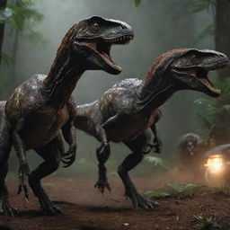 A harrowing chase ensues as the freed Velociraptors pursue the panic-stricken visitors. Their primal roars echo through the darkness, amplifying the terror as the humans scramble to escape their relentless pursuit.