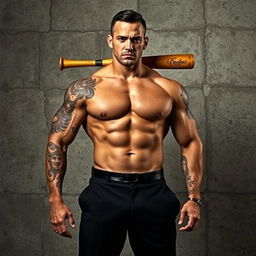 A muscular man's body standing confidently in front of a rugged concrete wall, showcasing intricate tattoos that adorn his arms and shoulders, adding a fierce and artistic touch to his appearance