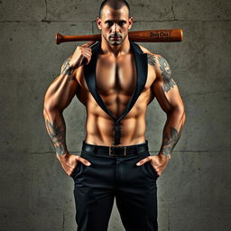 A muscular man's body standing confidently in front of a rugged concrete wall, showcasing intricate tattoos that adorn his arms and shoulders, adding a fierce and artistic touch to his appearance