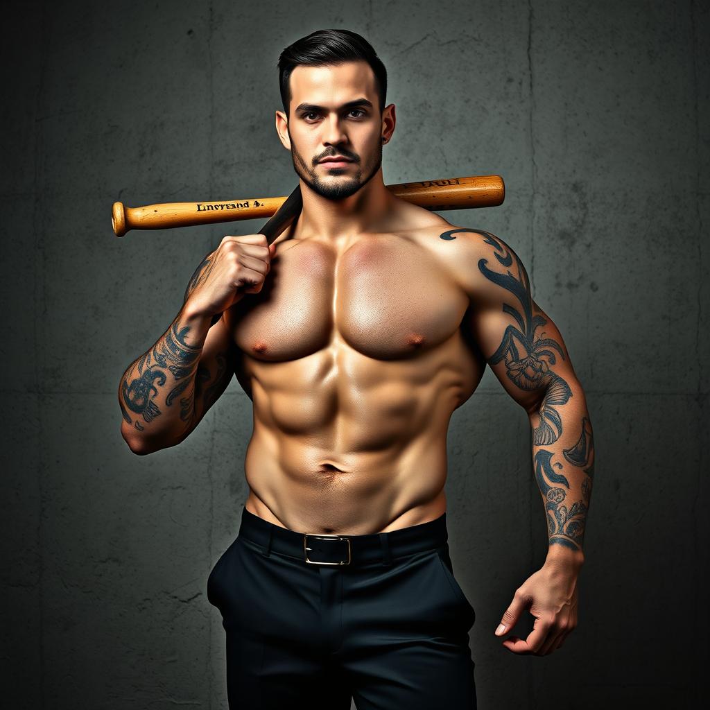 A muscular man's body standing confidently in front of a rugged concrete wall, showcasing intricate tattoos that adorn his arms and shoulders, adding a fierce and artistic touch to his appearance