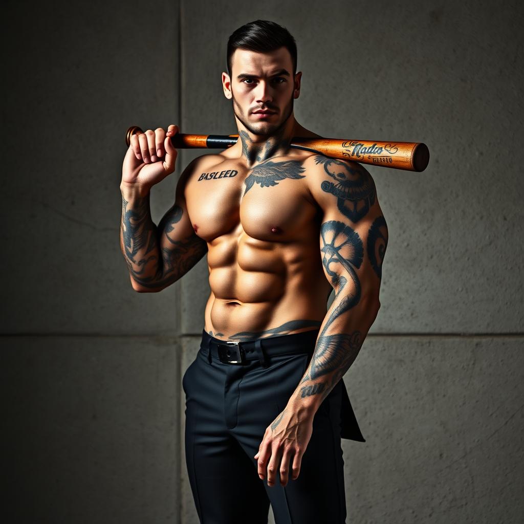 A muscular man's body standing assertively in front of a rugged concrete wall, adorned with striking tattoos that showcase his individuality and strength