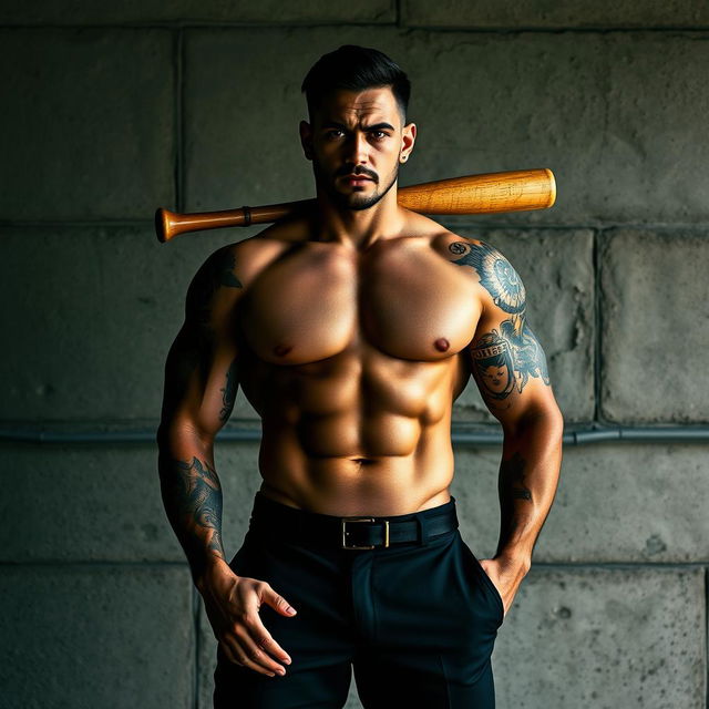 A muscular man's body standing assertively in front of a rugged concrete wall, adorned with striking tattoos that showcase his individuality and strength