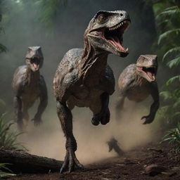 A harrowing chase ensues as the freed Velociraptors pursue the panic-stricken visitors. Their primal roars echo through the darkness, amplifying the terror as the humans scramble to escape their relentless pursuit.