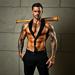 A muscular man's body standing assertively in front of a rugged concrete wall, adorned with striking tattoos that showcase his individuality and strength