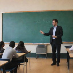 A brightly lit classroom filled with eager students at their desks. A knowledgeable teacher stands in front of the class, next to a large blackboard. Very interactive and engaging.