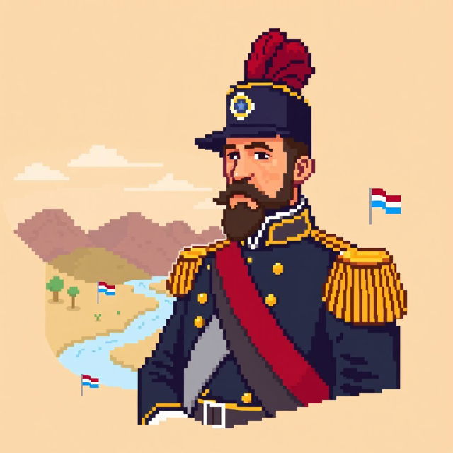 A vibrant pixel art representation of Jose Gervasio Artigas, emphasizing his notable features and attire