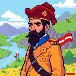 A vibrant pixel art representation of Jose Gervasio Artigas, emphasizing his notable features and attire