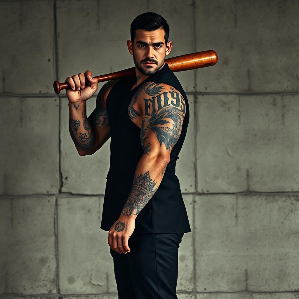 A muscular man's body standing assertively in front of a rugged concrete wall, displaying detailed tattoos that reflect his strength and character