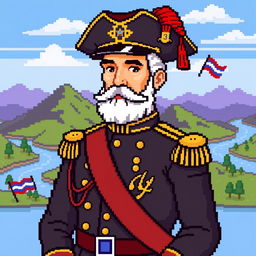 A vibrant pixel art representation of Jose Gervasio Artigas, emphasizing his notable features and attire