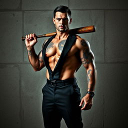 A muscular man's body standing assertively in front of a rugged concrete wall, displaying detailed tattoos that reflect his strength and character