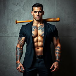 A muscular man's body standing assertively in front of a rugged concrete wall, displaying detailed tattoos that reflect his strength and character