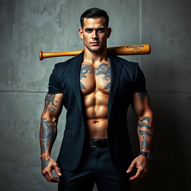 A muscular man's body standing assertively in front of a rugged concrete wall, displaying detailed tattoos that reflect his strength and character