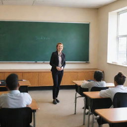 A brightly lit classroom filled with eager students at their desks. A knowledgeable teacher stands in front of the class, next to a large blackboard. Very interactive and engaging.