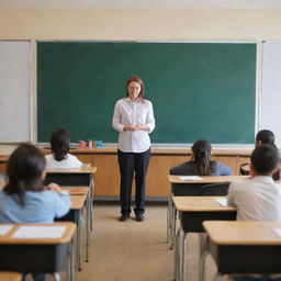 A brightly lit classroom filled with eager students at their desks. A knowledgeable teacher stands in front of the class, next to a large blackboard. Very interactive and engaging.