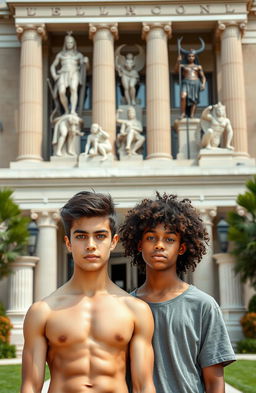 Two teenage boys standing in front of a majestic school building adorned with Greek and Pharaonic symbols