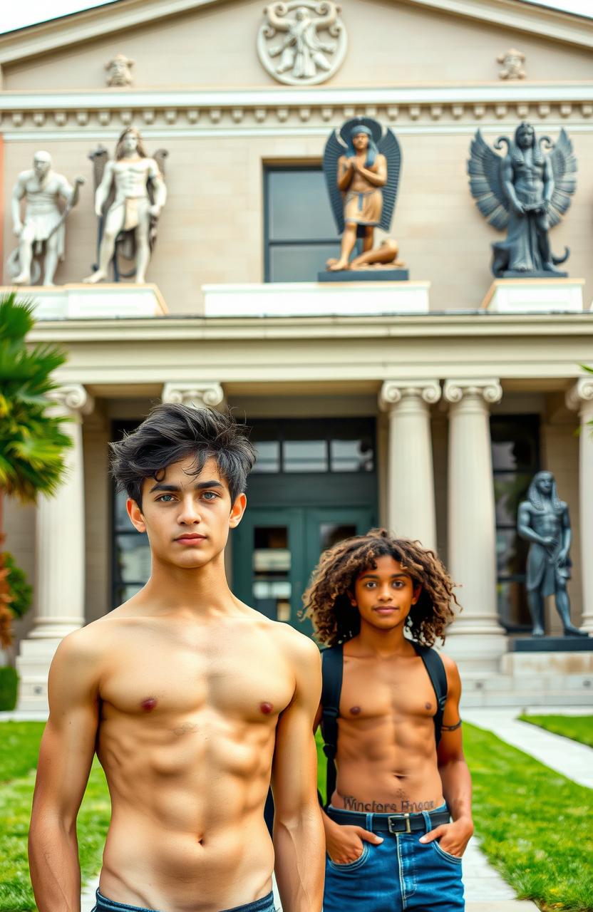 Two teenage boys standing in front of a majestic school building adorned with Greek and Pharaonic symbols