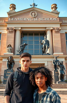 Two teenage boys standing confidently in front of a large, impressive school adorned with Greek and Pharaonic symbols