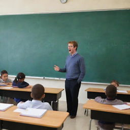 A brightly lit classroom filled with eager students at their desks. A knowledgeable teacher stands in front of the class, next to a large blackboard. Very interactive and engaging.