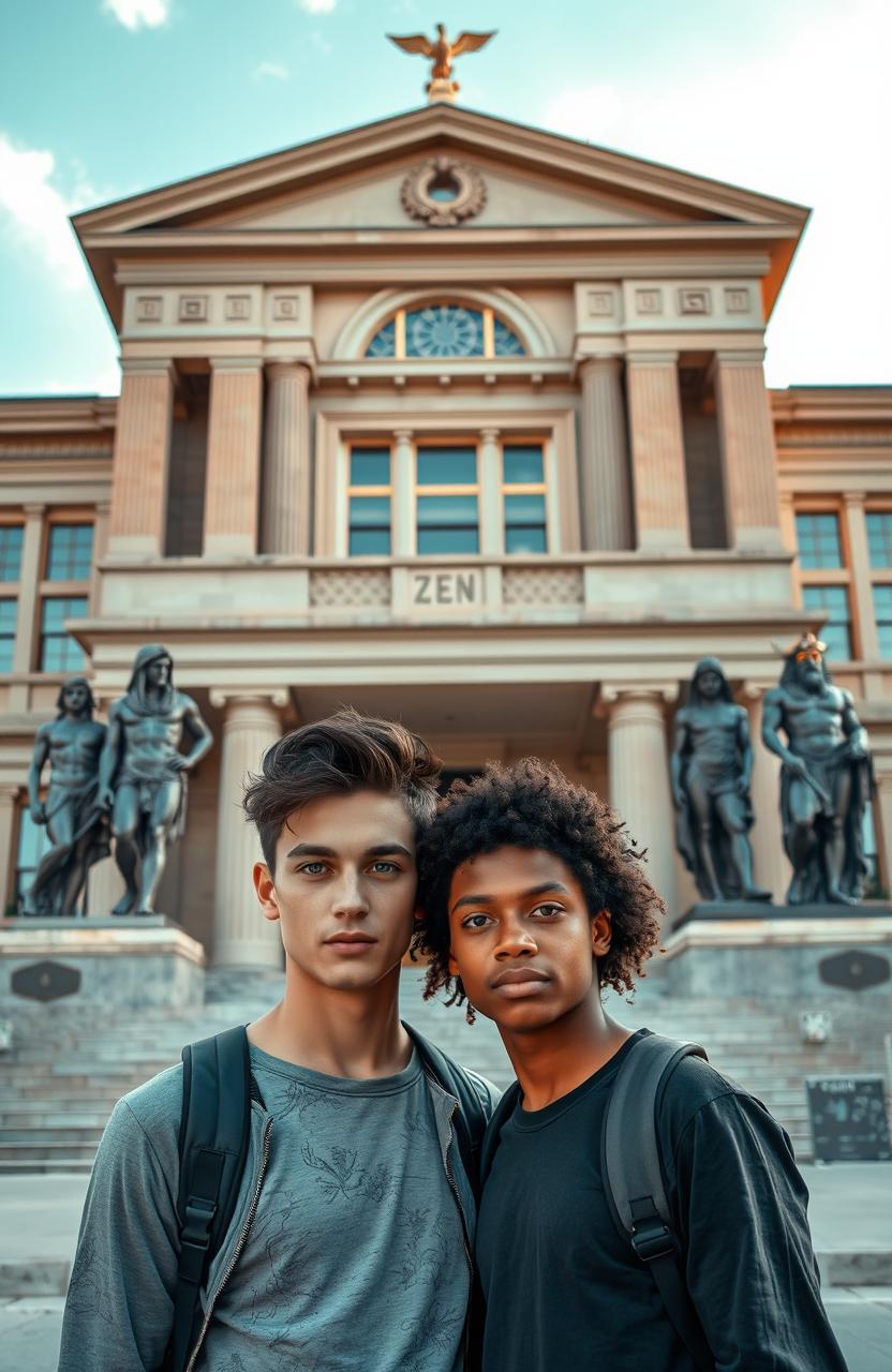 Two teenage boys standing confidently in front of a large, impressive school adorned with Greek and Pharaonic symbols