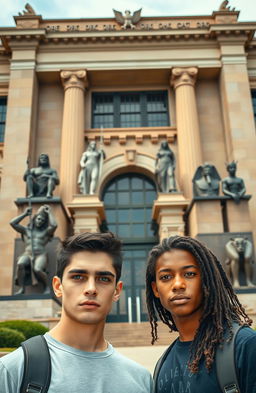 Two teenage boys standing confidently in front of a large, impressive school adorned with Greek and Pharaonic symbols