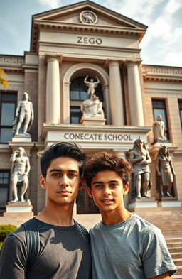 Two teenage boys standing confidently in front of a large, impressive school adorned with Greek and Pharaonic symbols