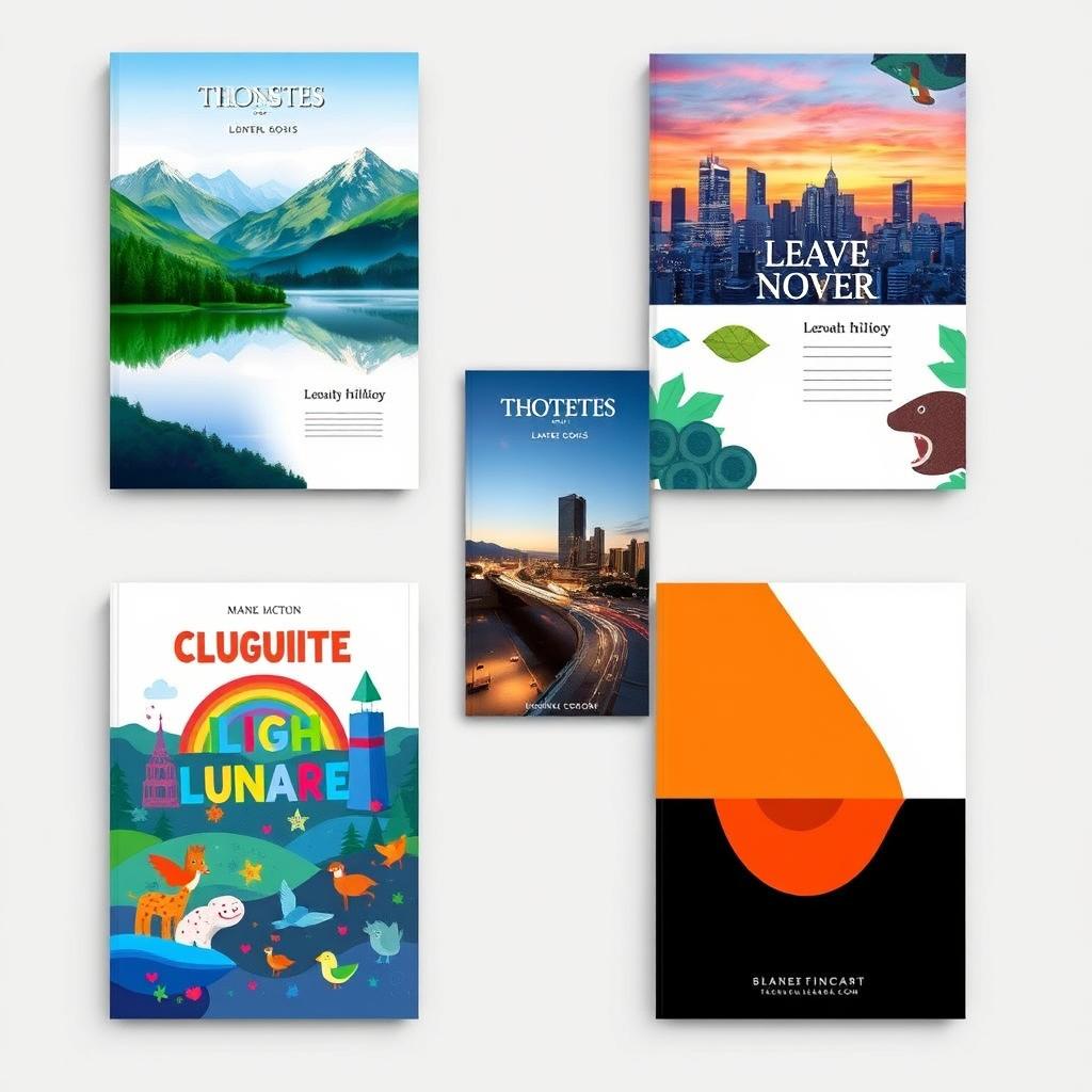 A collection of vibrant cover pages for various creative projects, including book covers, magazine layouts, and journal designs