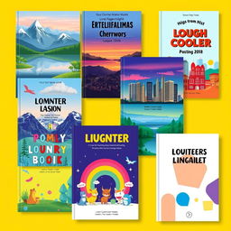 A collection of vibrant cover pages for various creative projects, including book covers, magazine layouts, and journal designs