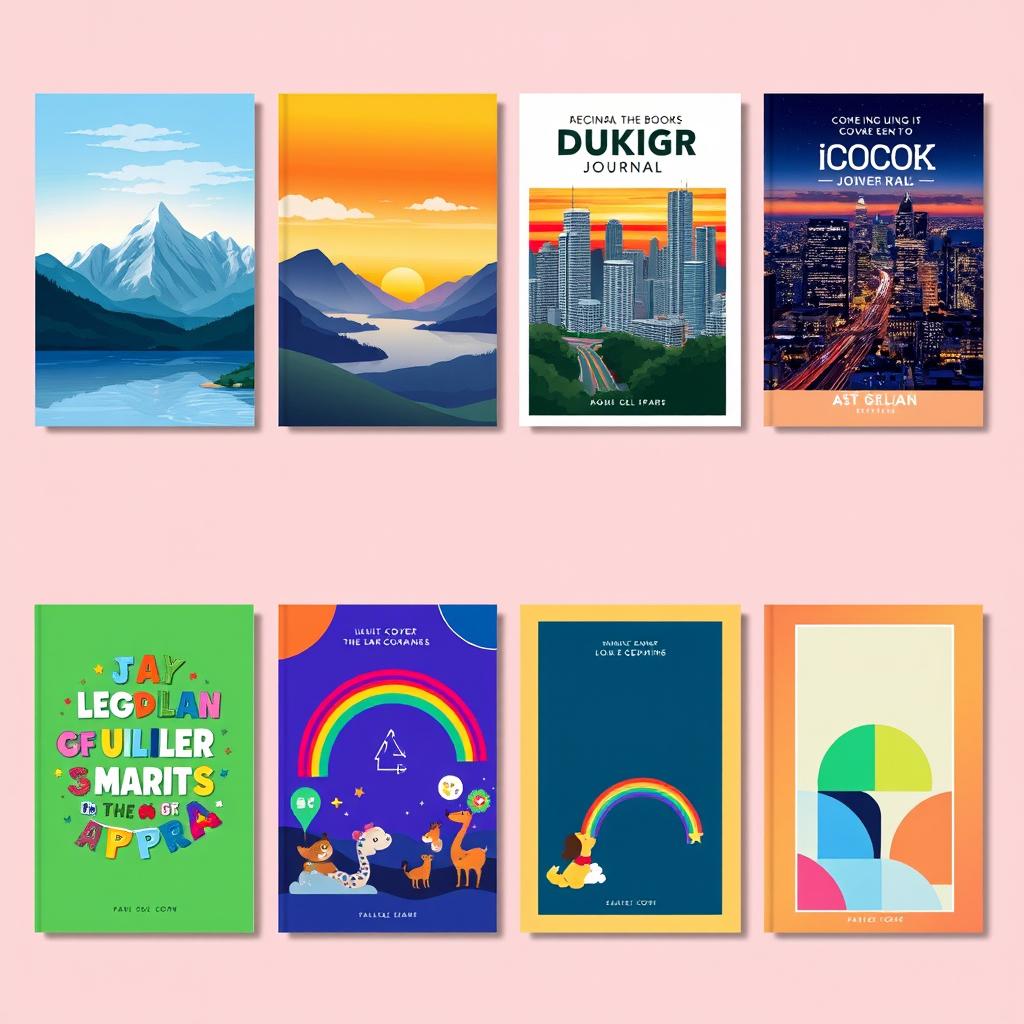 A collection of vibrant cover pages for various creative projects, including book covers, magazine layouts, and journal designs