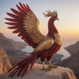 A majestic Simurgh, a mythical bird from Persian literature, specifically the Shahnameh, sitting atop a cliff in the sunset. Its feathers gleam in shades of fiery gold and ruby red, reflecting the setting sun.