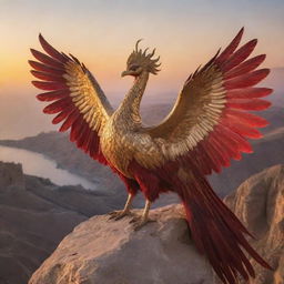 A majestic Simurgh, a mythical bird from Persian literature, specifically the Shahnameh, sitting atop a cliff in the sunset. Its feathers gleam in shades of fiery gold and ruby red, reflecting the setting sun.