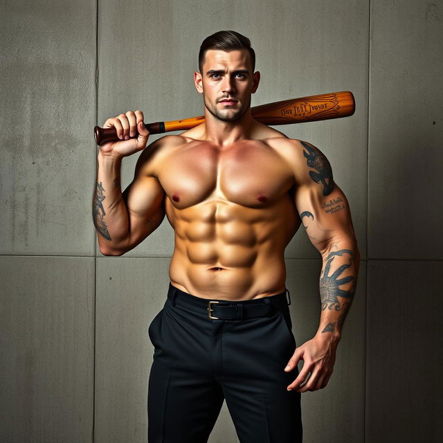 A powerful muscular man's body standing dominantly in front of a textured concrete wall, showcasing striking tattoos that reflect his bold personality