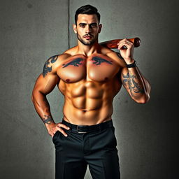 A powerful muscular man's body standing dominantly in front of a textured concrete wall, showcasing striking tattoos that reflect his bold personality