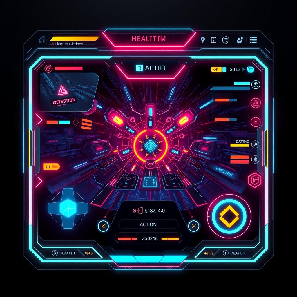 A sleek and modern game user interface (UI) design, featuring vibrant colors and dynamic elements