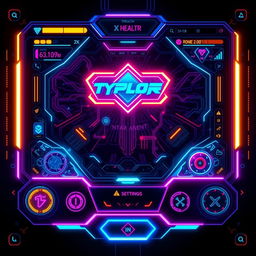 A sleek and modern game user interface (UI) design, featuring vibrant colors and dynamic elements