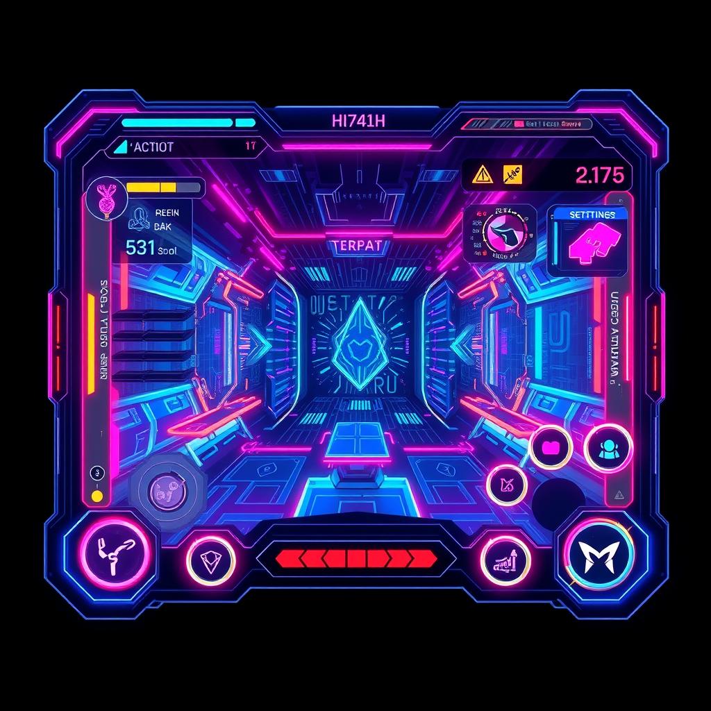 A sleek and modern game user interface (UI) design, featuring vibrant colors and dynamic elements