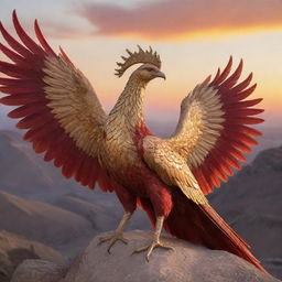 A majestic Simurgh, a mythical bird from Persian literature, specifically the Shahnameh, sitting atop a cliff in the sunset. Its feathers gleam in shades of fiery gold and ruby red, reflecting the setting sun.