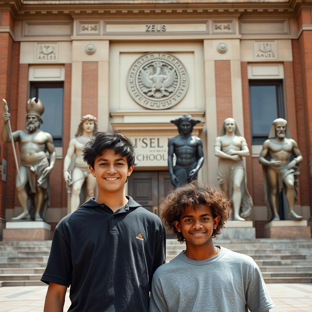 Two 16-year-old boys standing in front of a large, majestic school featuring intricate Greek and Pharaonic symbols on its facade