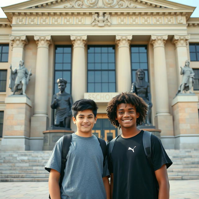 Two 16-year-old boys standing in front of a large, majestic school featuring intricate Greek and Pharaonic symbols on its facade