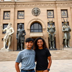 Two 16-year-old boys standing in front of a large, majestic school featuring intricate Greek and Pharaonic symbols on its facade