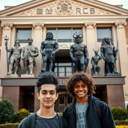 Two 16-year-old boys standing in front of a large, majestic school featuring intricate Greek and Pharaonic symbols on its facade