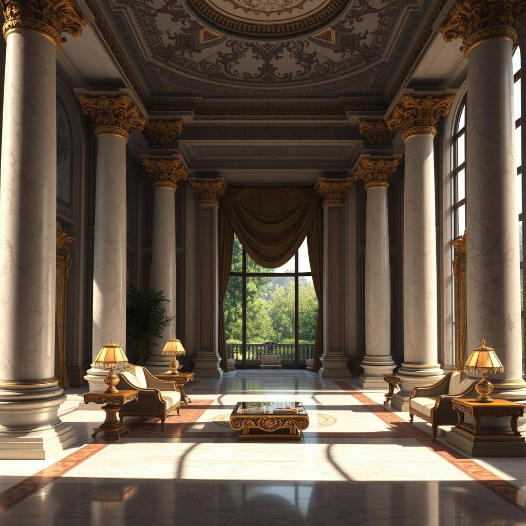 An opulent interior of a high fantasy palace, showcasing a Roman aesthetic with grand columns and intricate architectural details